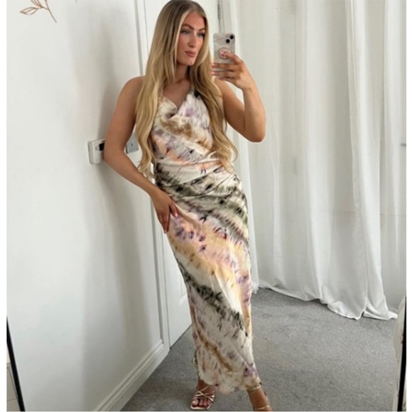 Zara Tie Dye Satin Effect Halter Midi Dress NWT - Picture 3 of 15